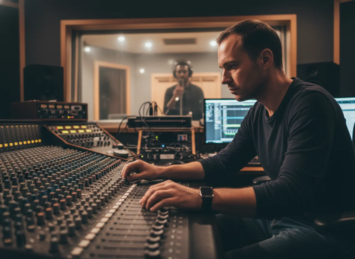 Music producer adding AI vocals to beats in studio